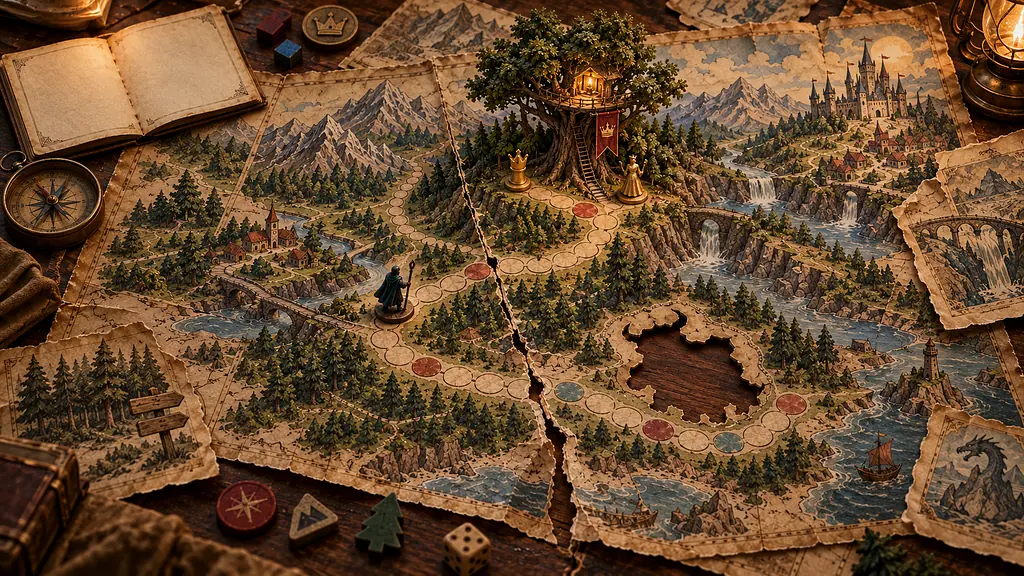 Illustrated fantasy map with a treehouse, castle, paths, and missing torn sections.