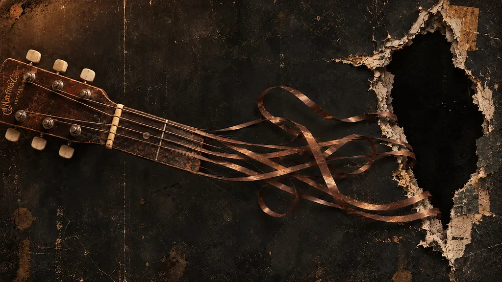Weathered artwork of a guitar unraveling into ribbon-like strings.